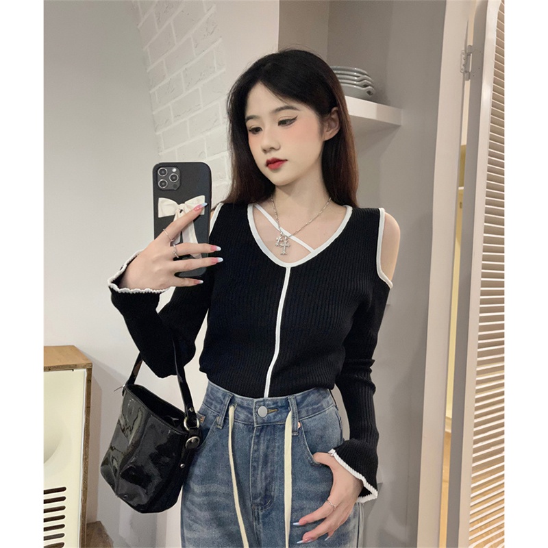 Áo sơ mi ZHELIHANGFEI vải dệt kim tay dài mỏng vừa vặn thời trang ngọt ngào