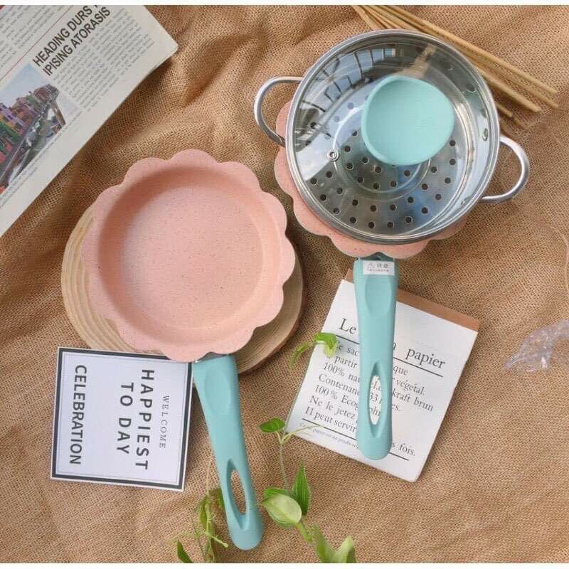 Bộ Nồi Chảo Nấu Đồ Ăn Dặm Cho Bé Kèm Xửng Hấp, Dụng Cụ Nấu Đồ Ăn Dặm Chống Dính Đáng Yêu
