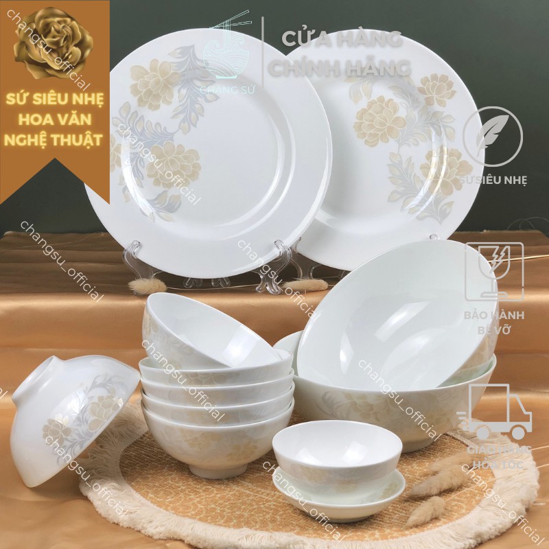 Bộ bát ăn cơm sứ siêu nhẹ hoa văn cổ điển - Set 6 và 10 chén cơm sứ xương siêu nhẹ Minh Châu - Vỡ 1 đổi 1