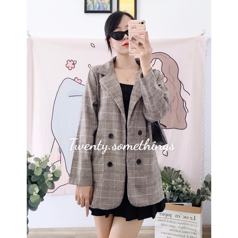 ÁO BLAZER KẺ NÂU SỮA 1 LỚP (ảnh thật/sẵn/video) | BigBuy360 - bigbuy360.vn