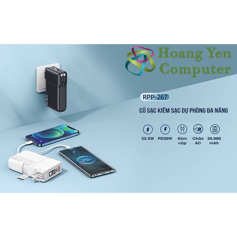 Sạc Dự Phòng Remax RPP-267 20000Mah (Sạc Nhanh QC3.0, VOOC 2.0  PD20W), Tích Hợp Cáp Sạc, Nguồn AC Sạc Trực Tiếp