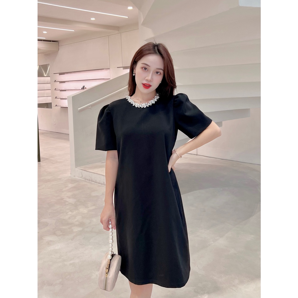 RẬP - Đầm Đen Tay Phồng Đính Đá Trắng - TITI 04 ĐÁ TRẮNG