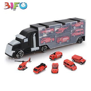 Hộp đồ chơi xe container vận chuyển xe ô tô và trực thăng (6 chiếc)