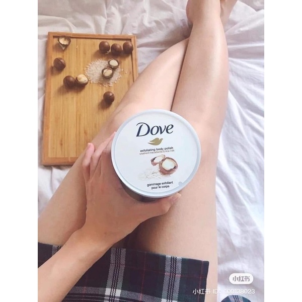 Tẩy tế bào chết Dove bản Đức lựu bơ và macca sữa gạo làm sạch da body, dưỡng trắng, cấp ẩm hũ 225gr