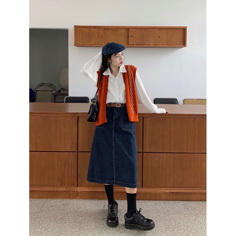 Áo Dệt Kim Sát Nách Cổ Chữ V Màu Cam Phong Cách Retro Thời Trang Cho Nữ