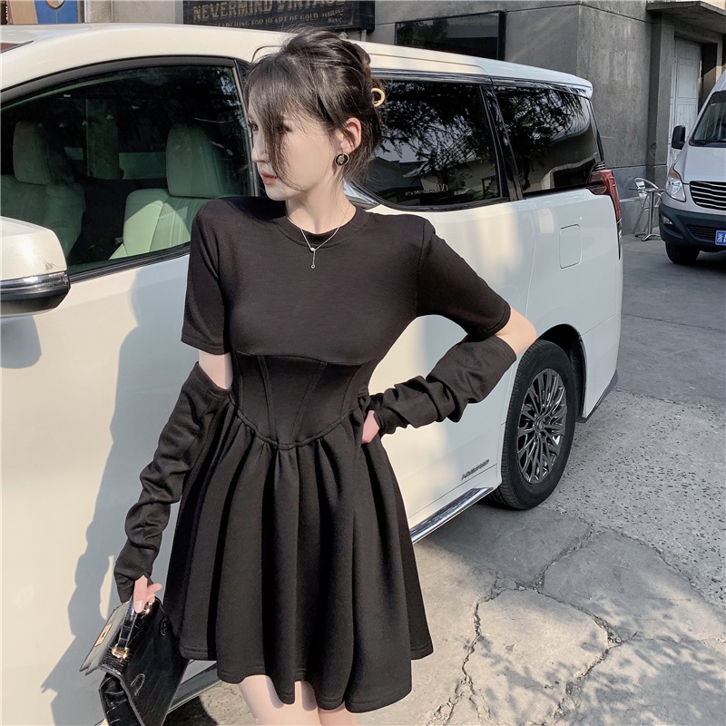 Đầm Chữ A Tay Dài Cổ Tròn Ôm Eo Co Giãn Phong Cách Mùa Thu Pháp Mới Cho Nữ
