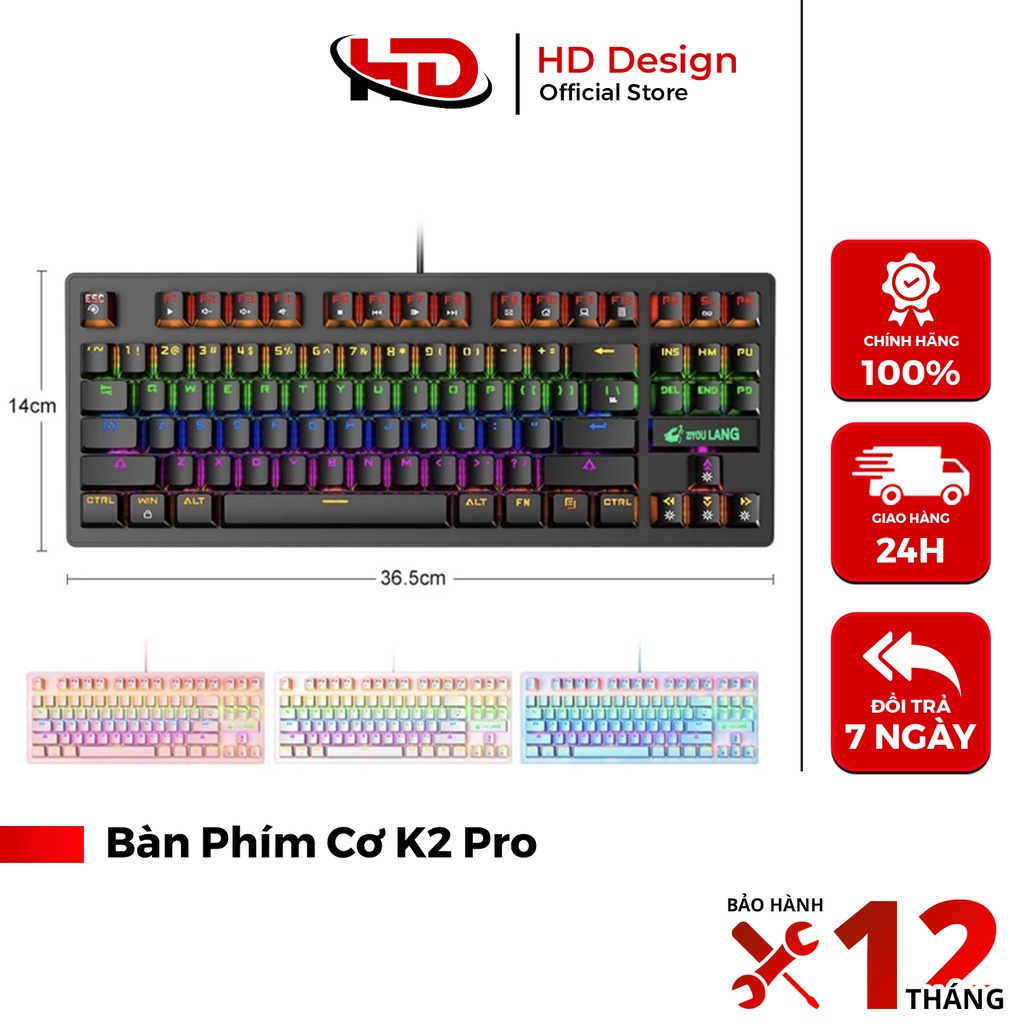 Bàn Phím Cơ Cho Máy Tính K2 Pro Led RGB - 10 Chế Độ Led Khác Nhau - Chính Hãng HD DESIGN