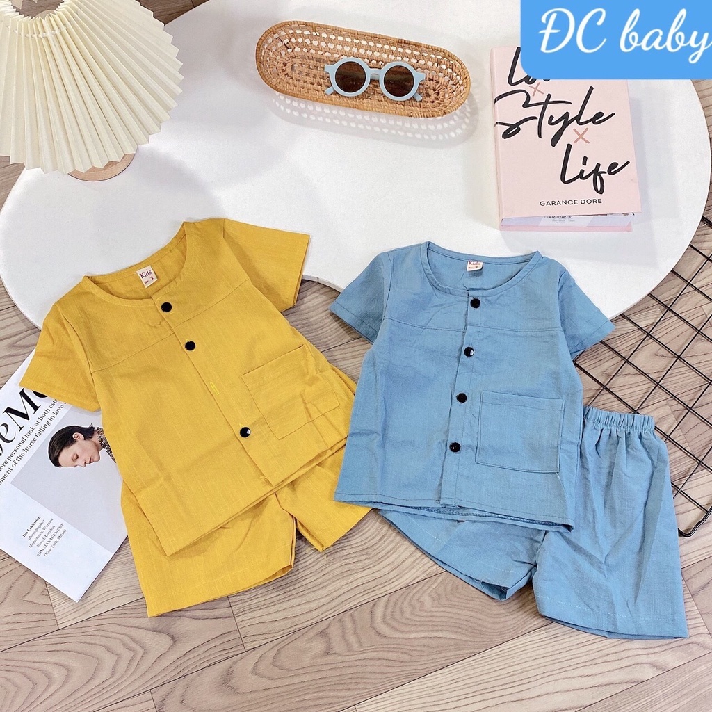 Bộ quần áo trẻ em vải đũi áo cộc tay kèm quần đùi bộ đũi cho bé trai bé gái 8-18kg Tunkid mặc hè thoáng mát