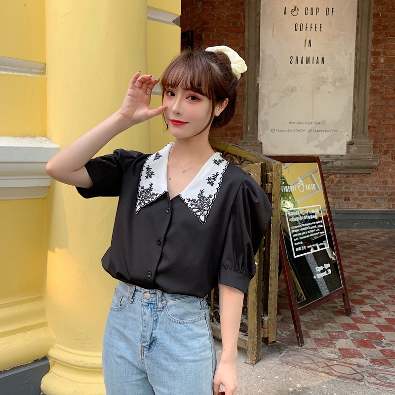 SUXI Áo tay ngắn thêu hoa phong cách vintage cho nữ