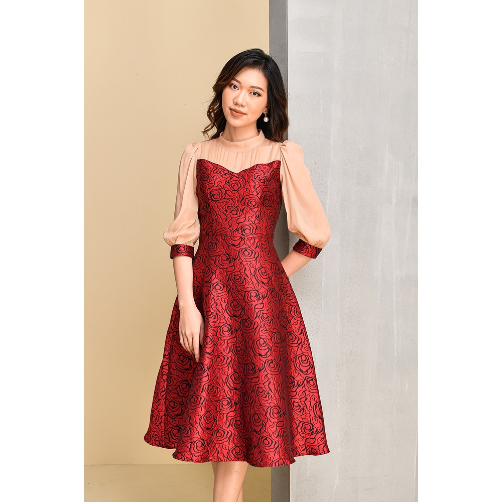 Váy Gấm Chữ A Xòe Nhẹ Phối Tay Thương Hiệu Luperi LFV3252