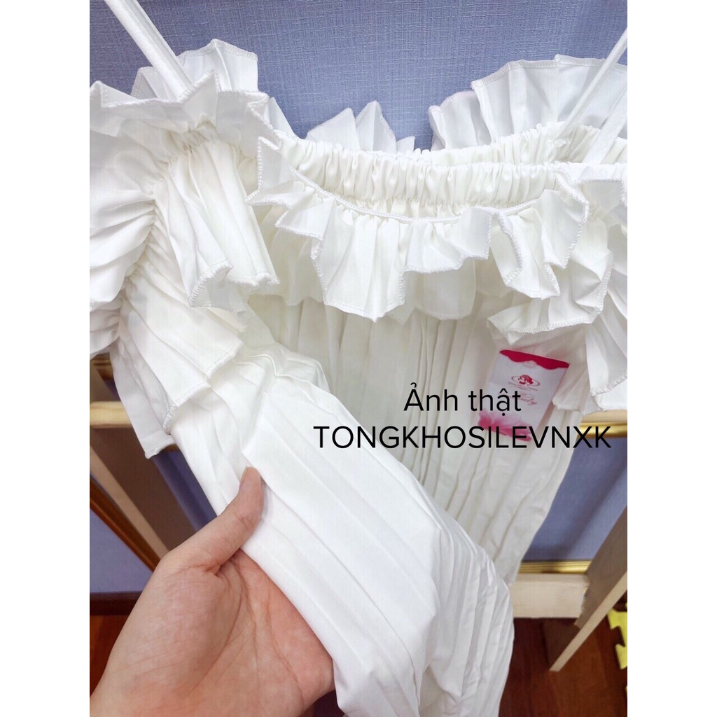 Đầm Nữ Trắng Trễ Vai Phối Bèo Dập Ly - Váy Nữ 2 Dây Dáng Xoè Xếp Li Tiểu Thư Ulzzang