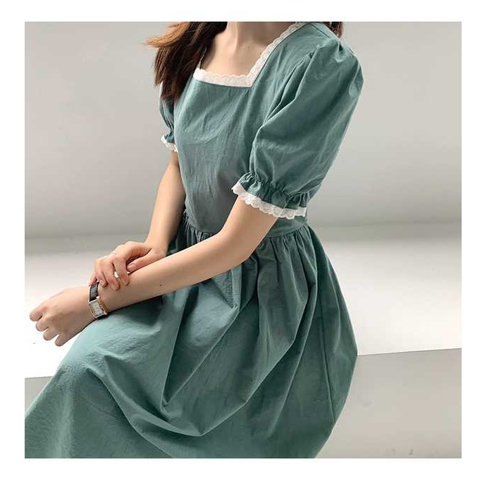 Đầm Maxi Xòe Tay Ngắn, Cố Vuông Viền Ren Màu Trơn SP028589 - SP028595 | BigBuy360 - bigbuy360.vn