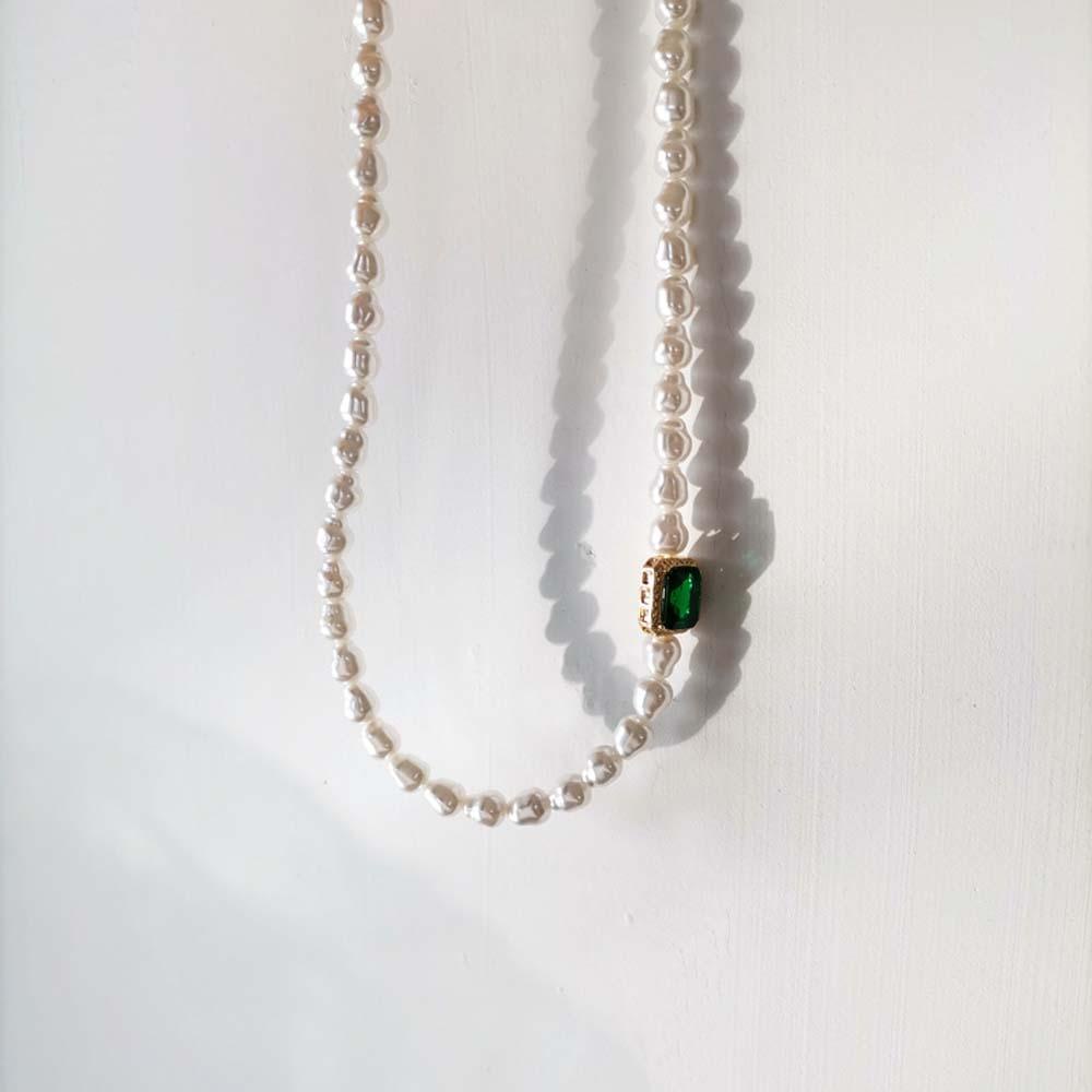 ANEMONE Vòng cổ Hợp Kim Mặt Kính Hình Vuông Nhỏ Màu Xanh Lá Kiểu Retro Hàn Quốc