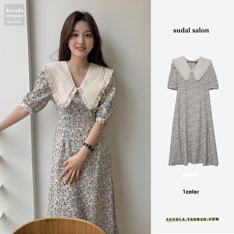 (ORDER) Váy MORAN cổ bẻ rộng búp bê thắt eo xòe dài hoa nhí điệu đà vintage Hàn Quốc