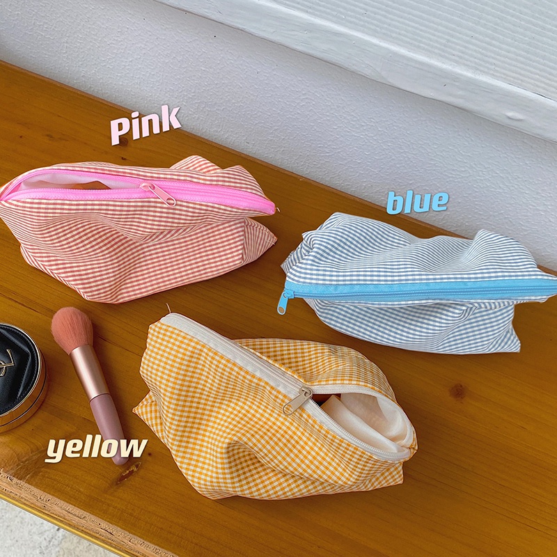 Túi Đựng Đồ Trang Điểm Đa Năng Họa Tiết Sọc Caro Phong Cách Hàn Quốc