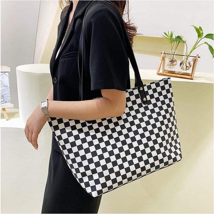 Túi tote nữ cỡ lớn công sở vừa A4 sọc caro thời trang dây kéo miệng túi tiện dụng HX162