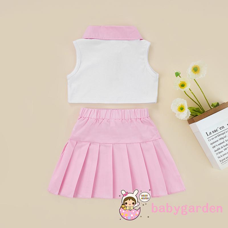 Bộ Áo Thun Không Tay Cài Khuy + Chân Váy Xếp Ly Thời Trang Mùa Hè Cho Bé Gái 2-7 Tuổi