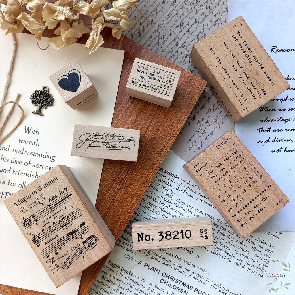 [Stamp] Con dấu gỗ in hình tim, nốt nhạc, chữ, quotes, ngày tháng phong cách vintage cổ điển trang trí bullet journal