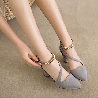 Giày Cao Gót Đế Vuông 5cm Mũi Nhọn Basic Màu Đen