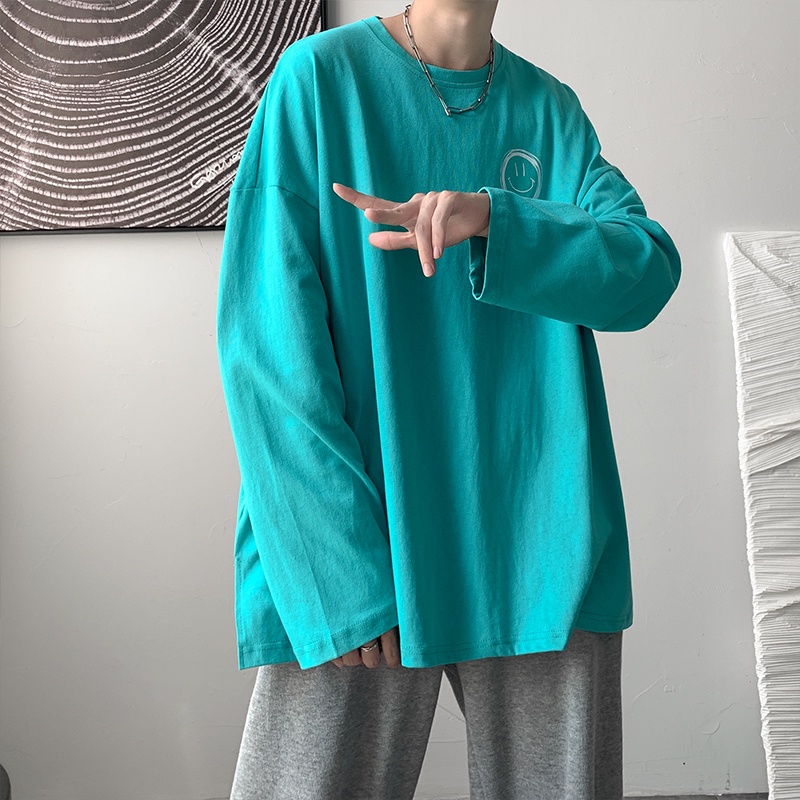 Áo thun tay dài in hình mặt cười cổ điển size lớn / M-8XL thời trang thu đông mới cho cặp đôi