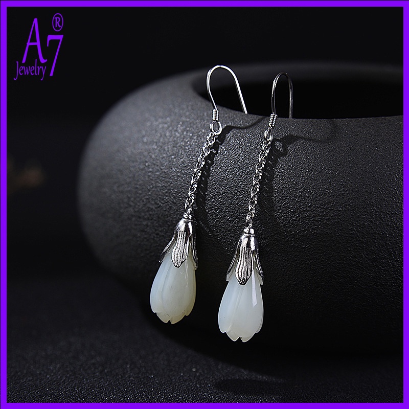 Bông Tai Mạ Bạc 925 Hình Hoa Mộc Lan Đính Đá Ngọc Bích Giả Xinh Xắn Cho Nữ