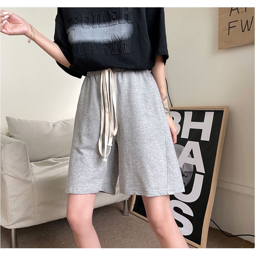 Quần Short Unisex Nam/Nữ Dáng Lửng Trơn Chất Nỉ Mát Co Dãn Phối Dây Phong Cách Thể Thao Cá Tính