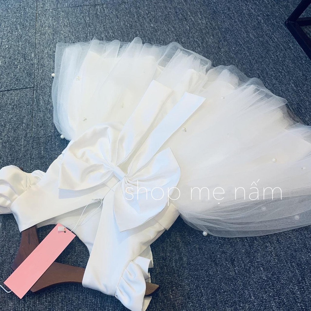 Đầm bé gái dáng xòe nơ lưng phi lụa mix ren mềm đính ngọc - Shop Mẹ Nấm