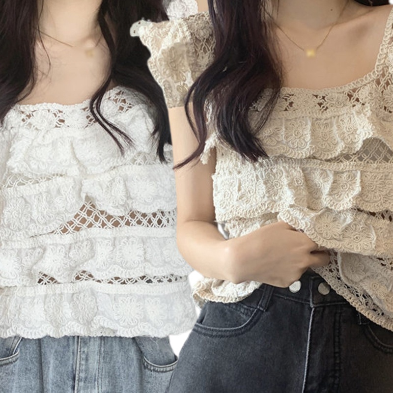 Áo Croptop Hai Dây Dệt Kim Không Tay Cổ Vuông Nhiều Lớp Phối Ren Phong Cách Retro Dành Cho Nữ