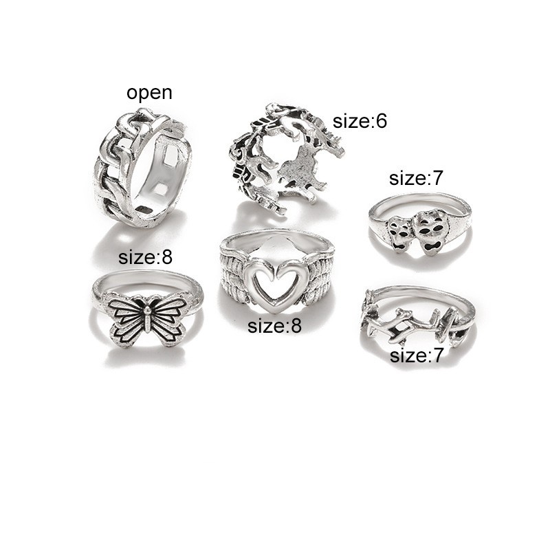 Set 6 Nhẫn Hợp Kim Bạc Hình Cánh Thiên Thần/Trái Tim/Đầu Lâu Phong Cách Gothic Punk Vintage Thời Trang Dự Tiệc Dành Cho Nữ/Nữ