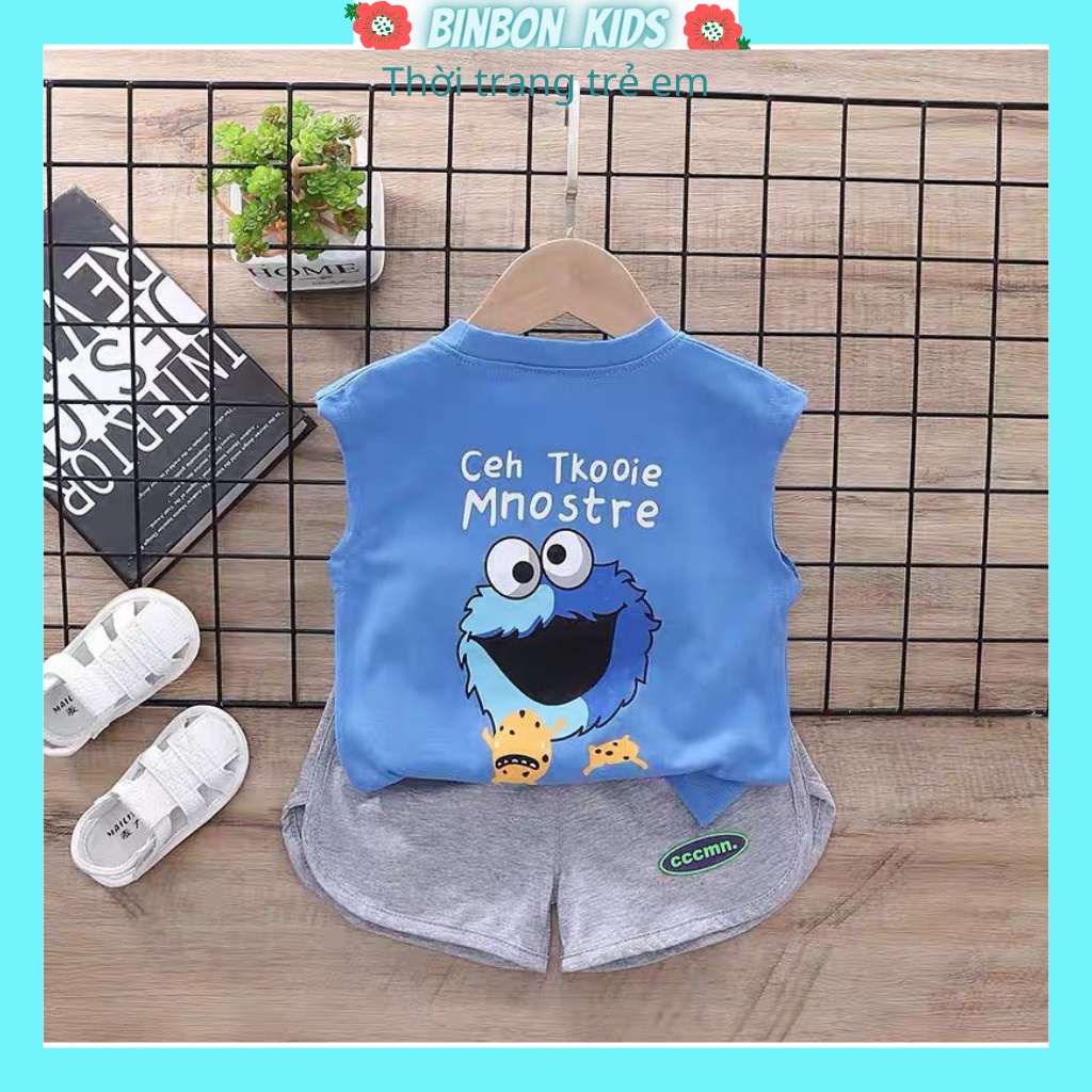 Bộ sát nách cho bé trai BINBON KIDS, Bộ quần áo ba lỗ cho bé trai in hinh Mnostre cho bé 7-28kg