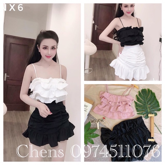 áo 2 dây bánh bèo tiểu thư chất đũi xếp bèo