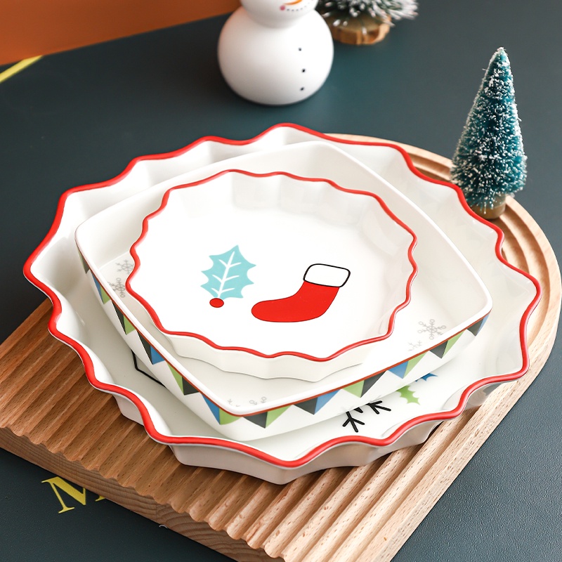 Set đĩa tráng miệng, đĩa thức ăn, cốc gia đình gốm hình tuần lộc, ông già Noel, cây thông Giáng sinh dễ thương mớ