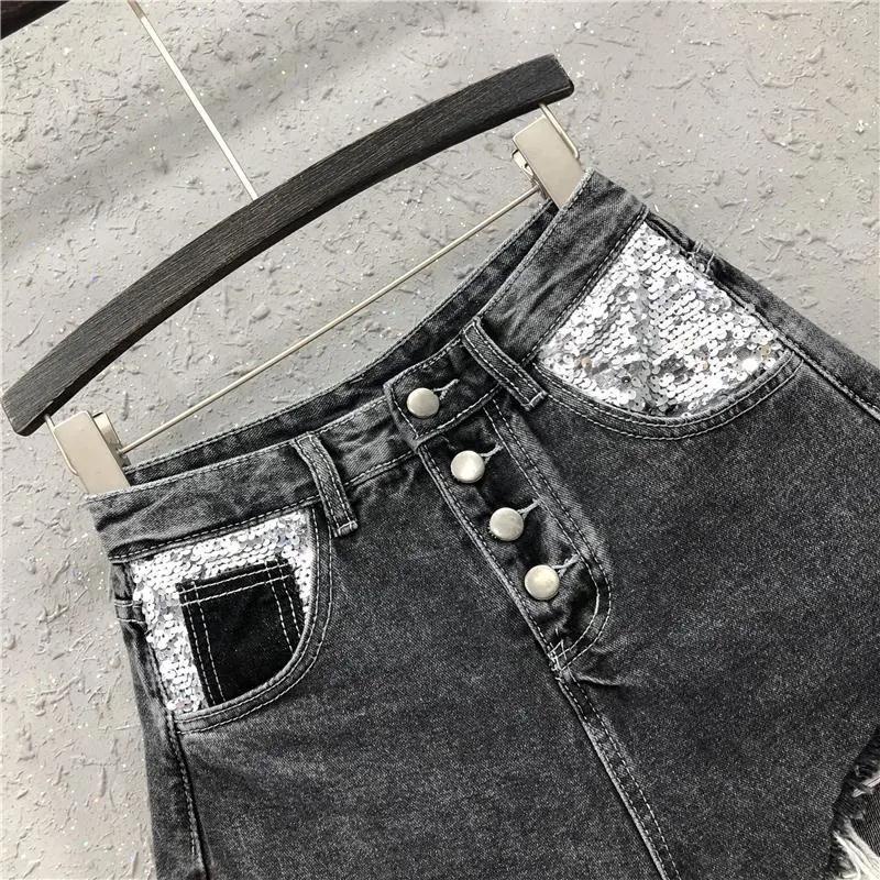Jiashucheng Quần Short Denim Lưng Cao Dáng Chữ a Đính Kim Sa Lấp Lánh Thời Trang Mùa Hè Dành Cho Nữ