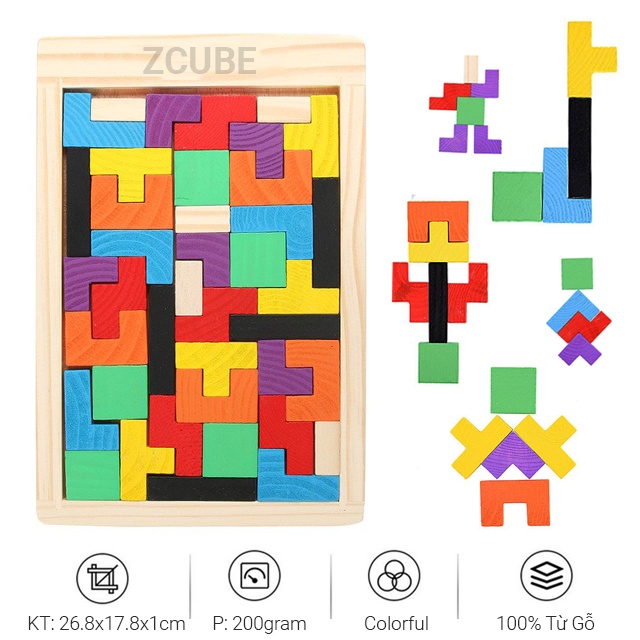 Đồ chơi gỗ Montessori HL199 Zcube - Wooden Puzzle Toy Block Game Colorful Bảng xếp hình bằng gỗ Tetris phát triển tư duy