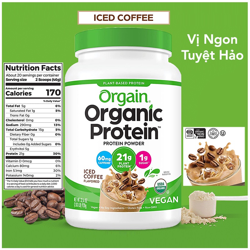 Orgain Protein organic Bột Đạm Làm Bánh Pha Sữa hữu cơ thực vật SuperFood, Vanilla Bean Vegan, Non GMO