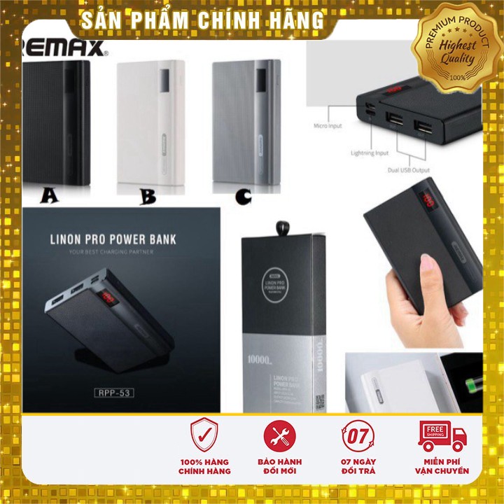 [ CHÍNH HÃNG] PIN SẠC DỰ PHÒNG REMAX RPP-53 10.000 mAh chân sạc iphone , micro , type c, led ,2 usb - 11 PRO  MAX