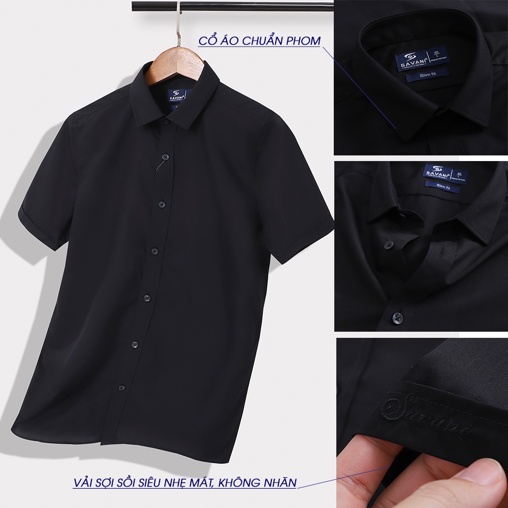 Áo sơ mi nam ngắn tay trơn  SAVANI trẻ trung, lịch lãm, vải sợi sồi không nhăn, thoáng mát MSS0162