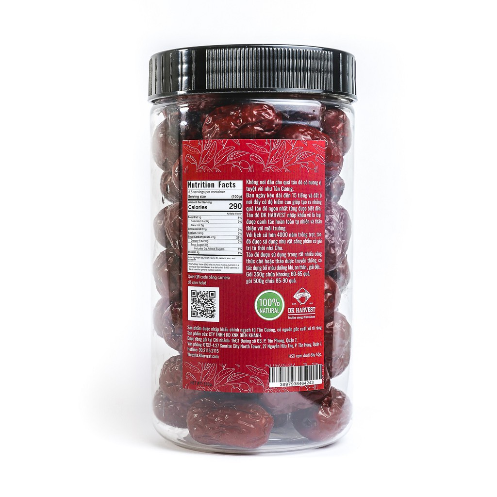 Táo Đỏ Tân Cương Dried Jujube DK Harvest - 350g - Táo Đỏ Sấy Khô - Sản Phẩm Tự Nhiên Giàu Dinh Dưỡng