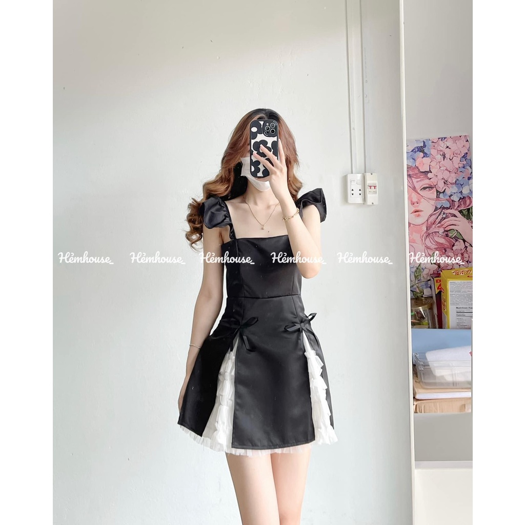 JUMPSUIT ĐEN TAY TIÊN PHỐI LƯỚI XOÈ TRẮNG ĐÍNH NƠ