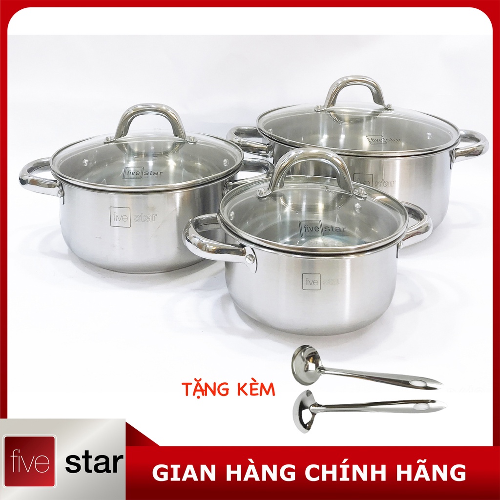 Bộ nồi xửng inox 430 Fivestar 3 đáy sandwich 4 món nắp kính dùng được bếp từ , hồng ngoại , gas , tặng 2 vá canh