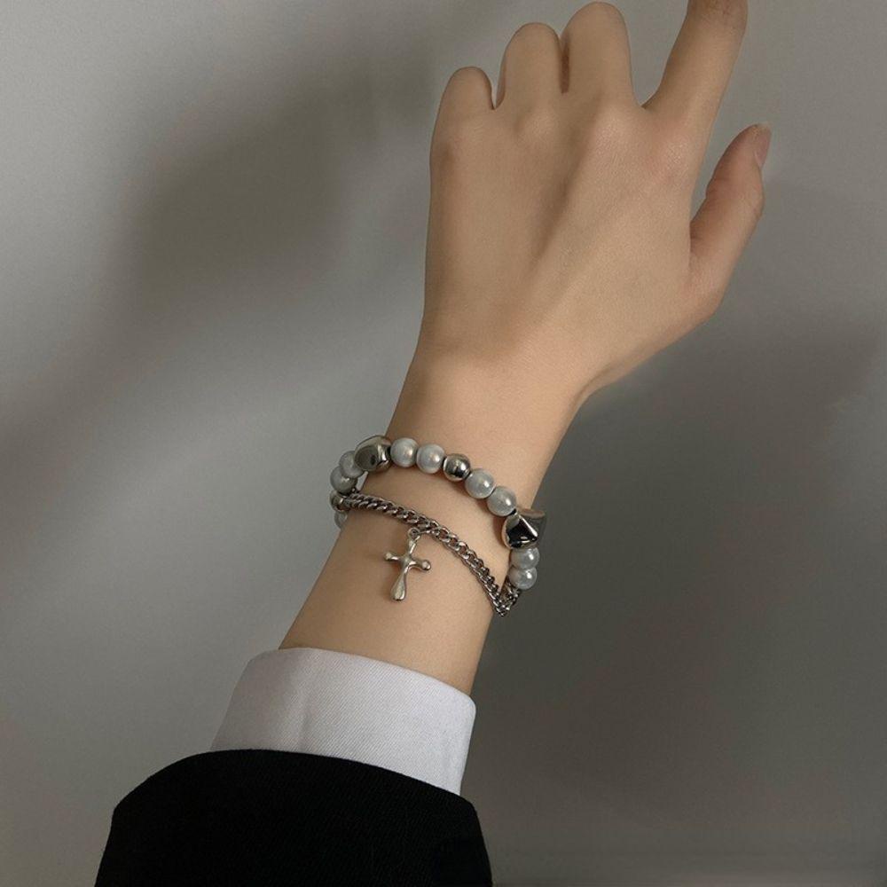 Vòng Tay Hai Lớp Bằng Thép Titan Mặt Thánh Giá Phong Cách Vintage Dành Cho Nam Nữ