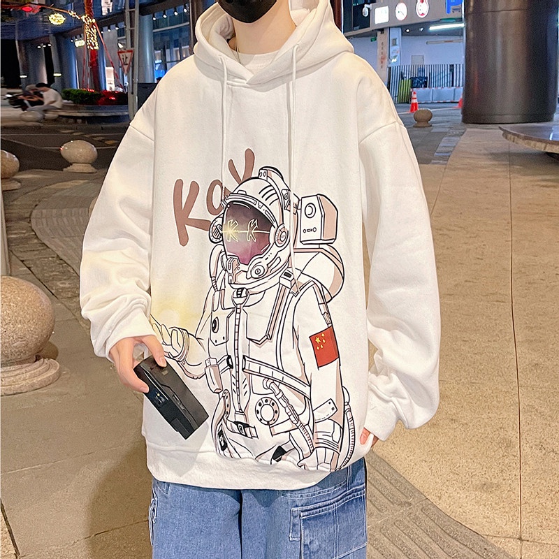 Áo hoodie dáng rộng in họa tiết phi hành gia phong cách Hong Kong thời trang dành cho nam