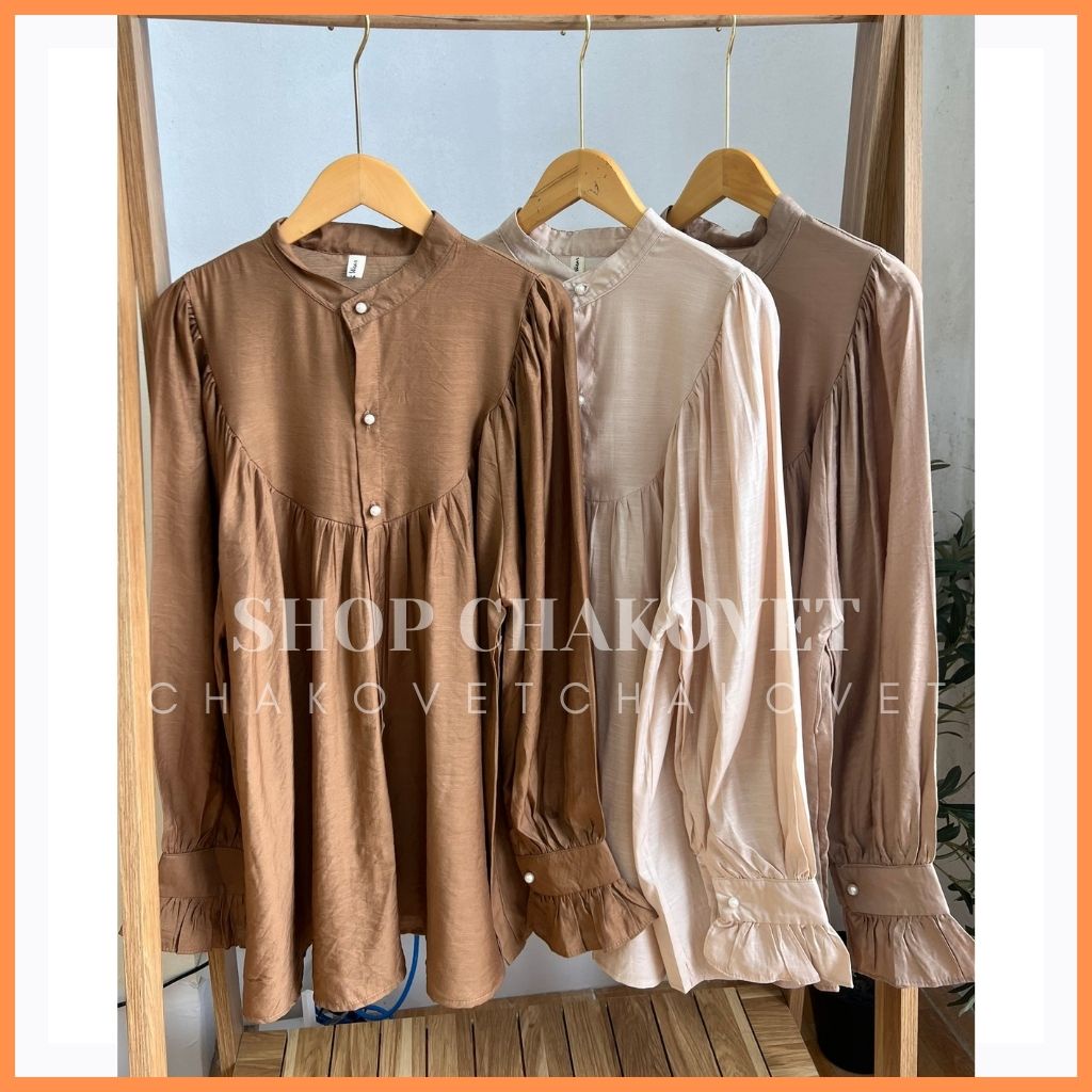 Áo sơ mi nữ dài tay oversize A8206 Thiết kế kiểu cổ tròn tay phồng dáng babydoll