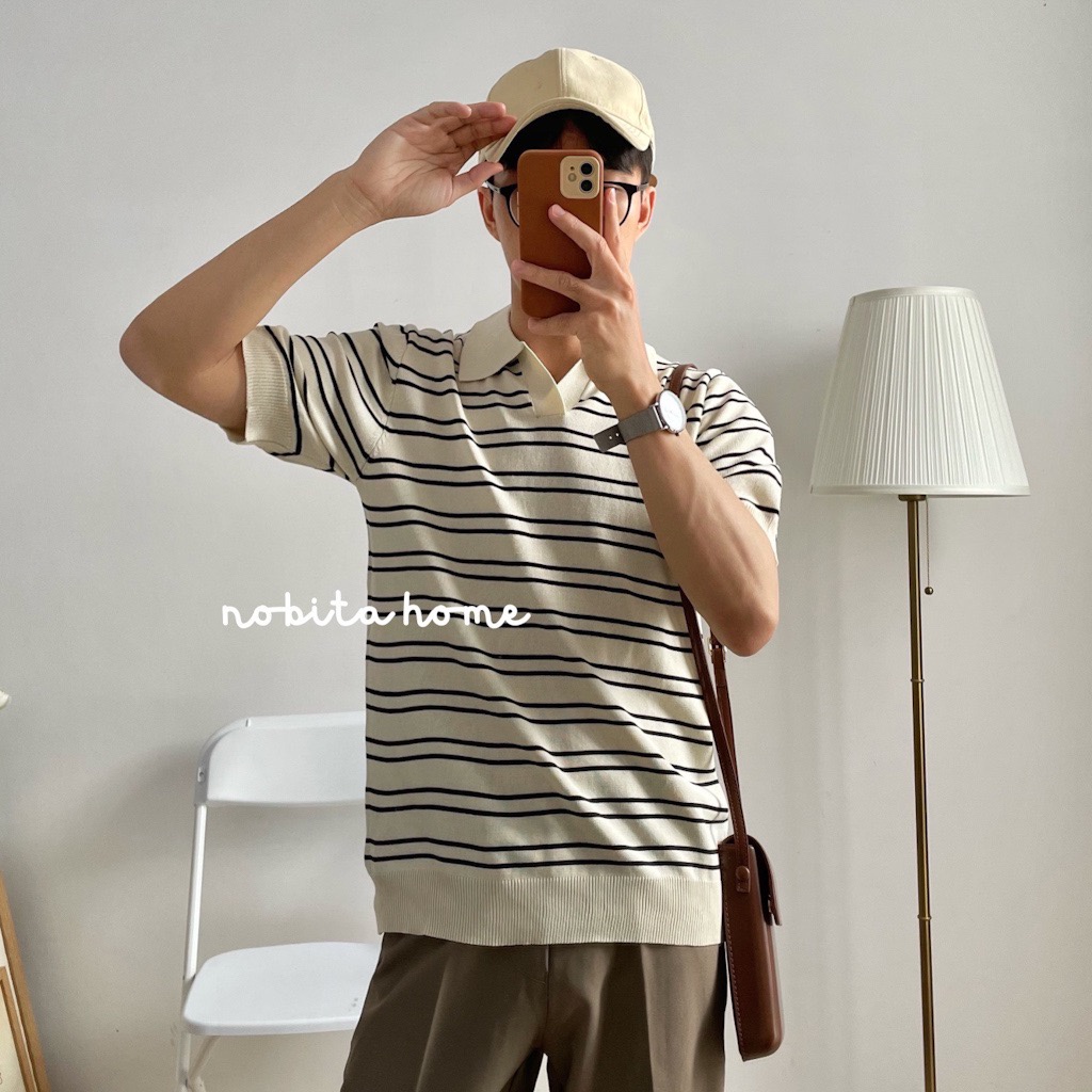 NOOBITA - Áo thun polo dệt kim kẻ sọc 7742