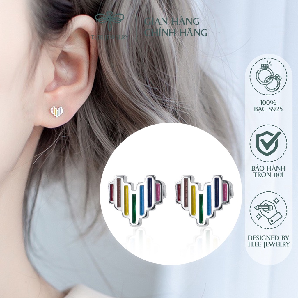 Khuyên tai bạc nữ TLEE tim mini bảy sắc cầu vồng xinh xắn NCJ B0187