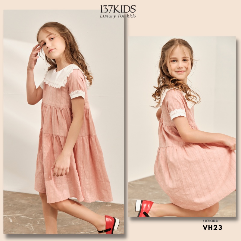 Váy babydoll 137Kids thiết kế nhún bèo dễ thương cho bé gái đi chơi đi dự tiệc