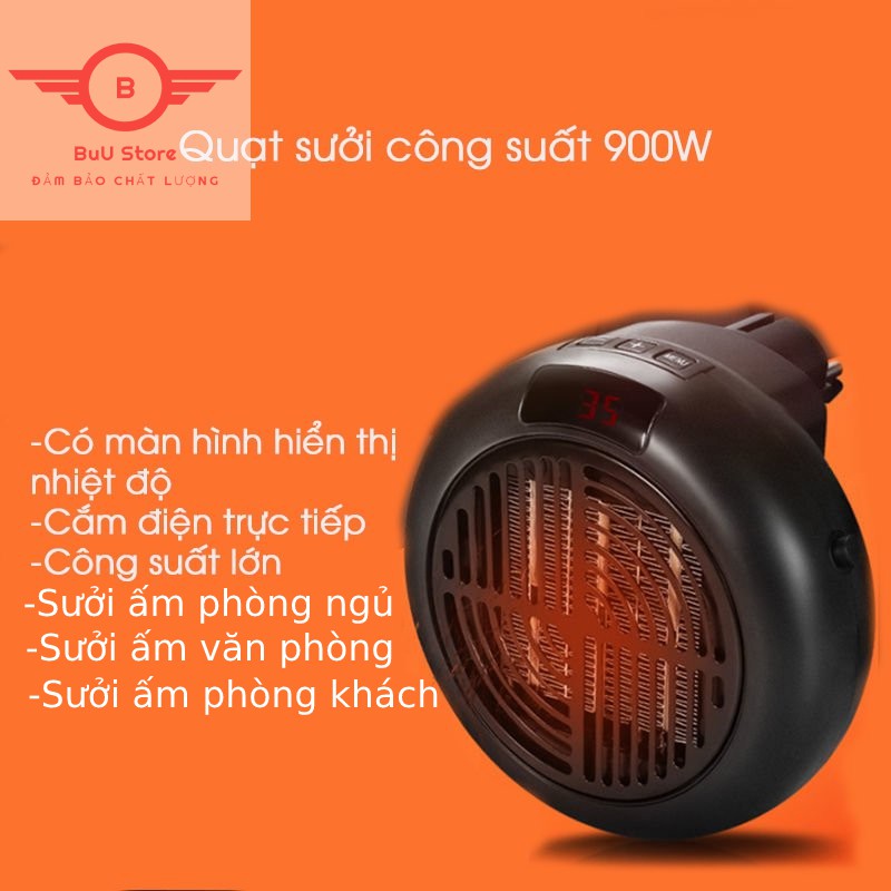 Quạt sưởi ấm điều hòa nhiệt độ mini để bàn, quạt treo tường cắm điện công suất 900W, máy sưởi ấm phòng ngủ tiện lợi