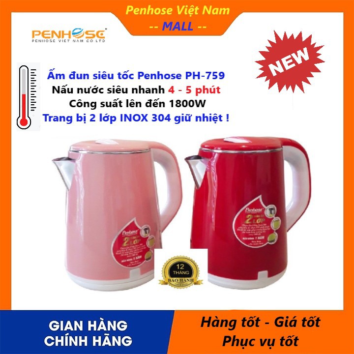 [PENHOSE] Ấm Đun nước siêu tốc giữ nhiệt inox 2 lớp PH-759 chính hãng (BH 12 tháng lỗi 1 đổi 1) Công Suất 1800 W