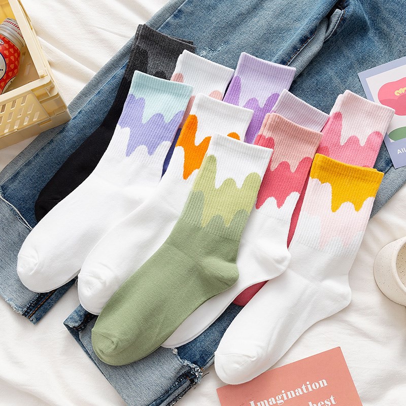 Tất, Vớ Cotton Cao Cổ Bo Gấu Gradient Dripping Colors Cá Tính