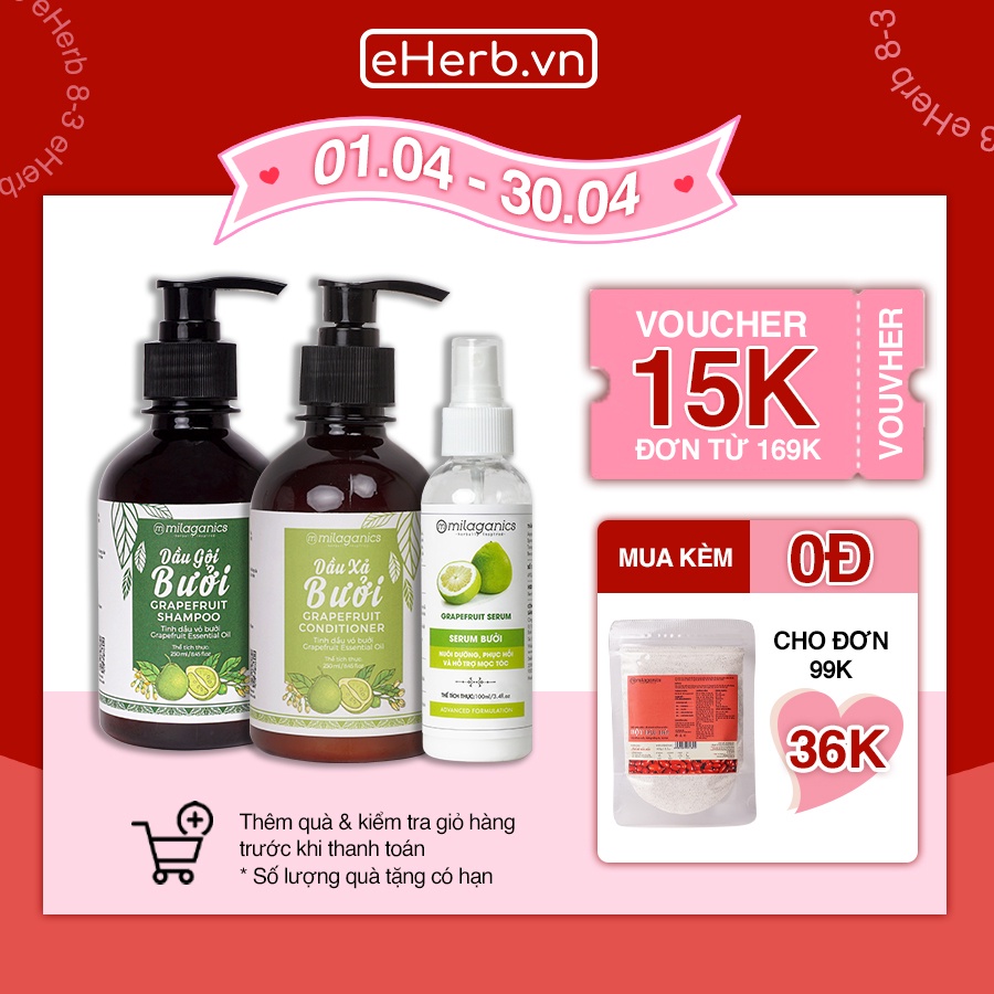 Bộ 3 Sản Phẩm Kích Thích Mọc Tóc &amp; Ngăn Ngừa Rụng Tóc: Dầu Gội, Dầu Xả, Serum Bưởi MILAGANICS (600ml/ Bộ)